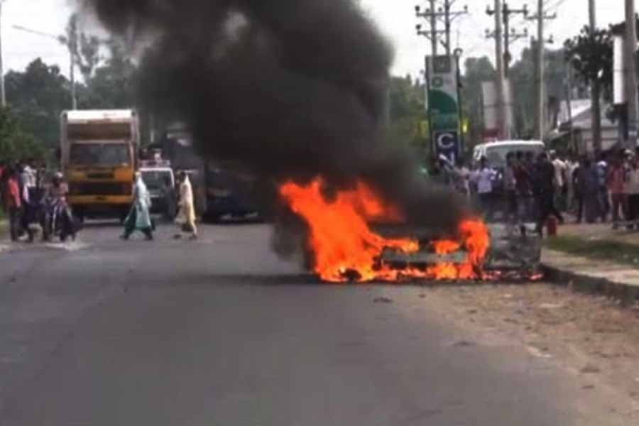Private car catches fire on Dhaka-Mymensingh highway