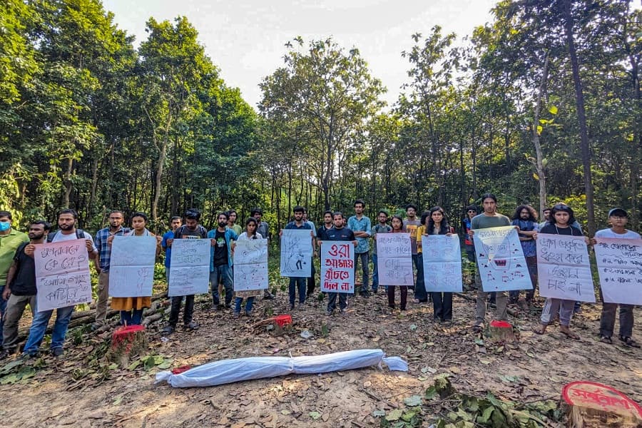 JU students protest midnight tree felling for IBA building construction
